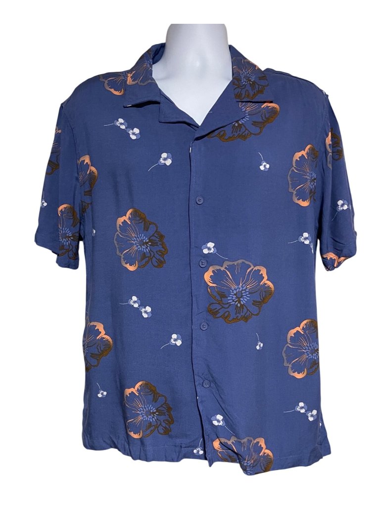 Brooklyn Cloth Mens Blue Floral Button-Up Short Sleeve Shirt Size M Casual Rayon